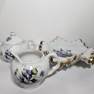 VTG Nippon Yoko Boeki Porcelain Creamer & Sugar Bowl + Napco Dish, Violets